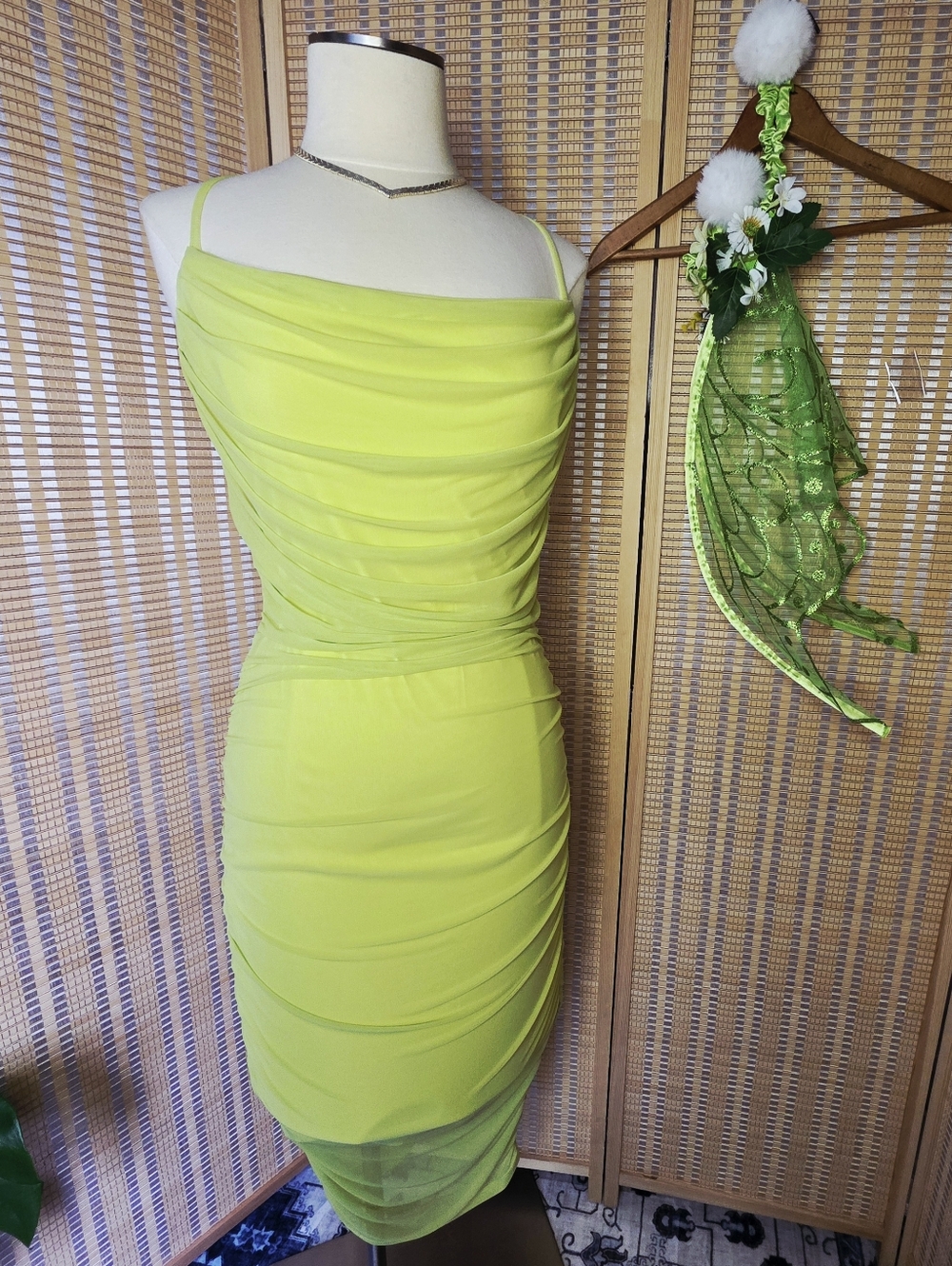 Neon Chartreuse Green Yellow Ruched Draped Mesh Bodycon Crossback Dress in XL